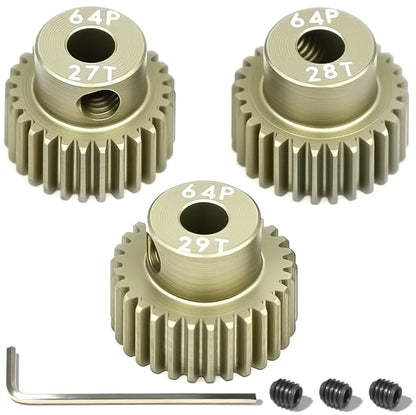 64P Pinion Gear 3.175mm Shaft 7075 Aluminum Alloy Motor Gears,0.6 Metric Pitch 27 28 29T with 1/8 Hole Pinion Gear Compatible with 1/10 Arrma HPI Kyosho Losi Axial Traxxas Tamiya RC Car - size: 27 28 29T