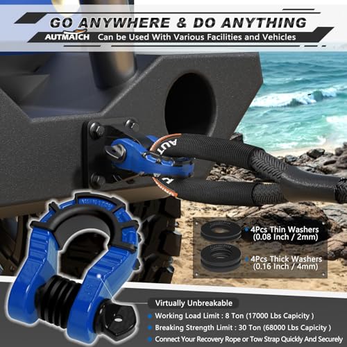 AUTMATCH 3/4" Mega D Ring Shackles (2-Pack) - 68,000 lbs Break Strength | Heavy Duty Clevis Shackle with 7/8" Pin & Isolator Washer Kit for Tow Strap, Winch, Towing & Off-Road Vehicle Recovery, Blue - color: Blue & Black