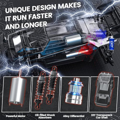 DEERC 9206E DIY Extra Shell 1:10 Scale Large RC Cars,48+ KM/H Hobby Grade High Speed Remote Control Car for Adults Boys,All Terrain 4WD 2.4GHz Off Road Monster RC Truck with 2 Battery for 40+ Min Play