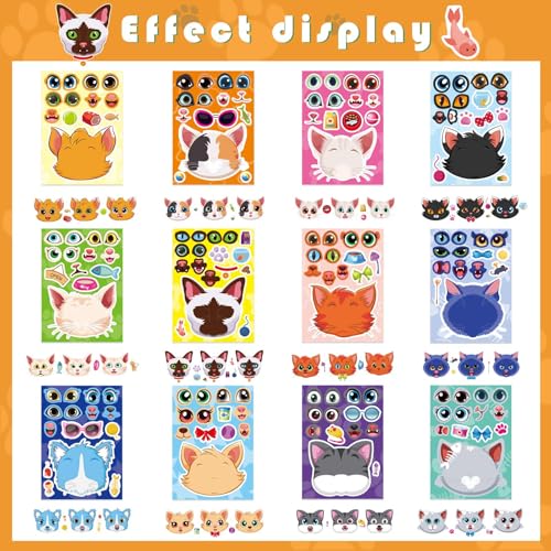 Cats Stickers for Kids, Make a Cat Face Stickers, Animal Stickers | 24 Sheets Make You Own Cats Stickers, Birthday Gift Party Favors Supplies Teacher Art Craft, Games School Activity Reward - style: Cats Stickers