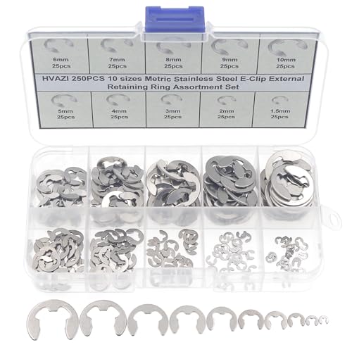 250PCS 10 Sizes Metric External E-Clip Retaining Ring Assortment Kit | 304 Stainless Steel E Circlip Snap Rings for 1.5mm-10mm Shafts with Storage Box
