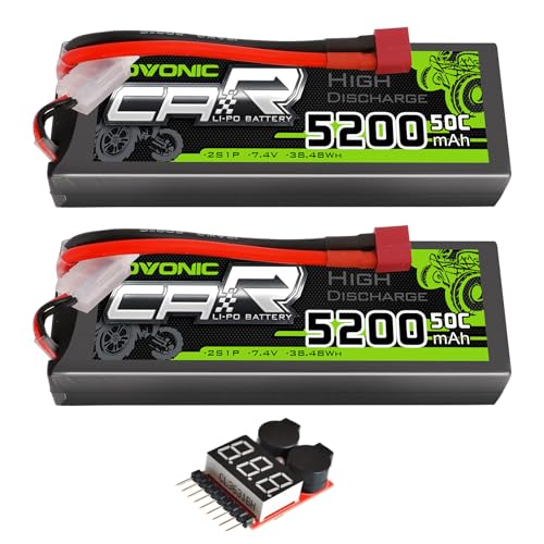 OVONIC 2s Lipo Battery 50C 5200mAh 7.4V Lipo Battery with Dean-Style T Connector for Car Truck Boat Vehicles (2 Packs)(with Lipo Voltage Checker)