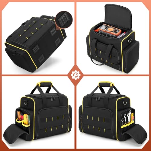 Marscamd Tool Bag with 3 Removable Cases, 2 Layers Tool Tote for Hand Tools | with Front Molle Straps & Detachable Shoulder Strap, Black with Yellow Binding - color: Black with Yellow Binding