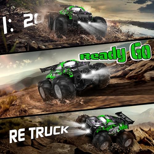All-Terrain Remote Control Car for Boys Christmas Rechargeable Green | Monster Rc Truck with LED, 1:20 10KM/H, 2 Motors, 2.4GHZ, Speed Friendly, Sturdy Rc Cars for Christmas Kids 6+, Beginner - color: Green