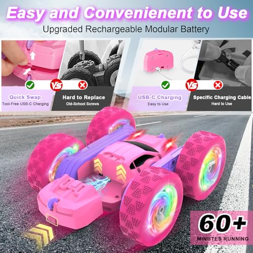 Remote Control Car, RC Cars for Girls, 2.4 GHz Double Sided RC Crawler with Upgraded USB-C Modular Battery, 360°Rotating Car Toys for 6 7 8 9 10 11 12 Year Old Girl Birthday Gift Pink-Purple - color: Pinkpurple