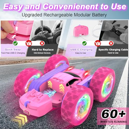 Remote Control Car, RC Cars for Girls, 2.4 GHz Double Sided RC Crawler with Upgraded USB-C Modular Battery, 360°Rotating Car Toys for 6 7 8 9 10 11 12 Year Old Girl Birthday Gift Pink-Purple - color: Pinkpurple