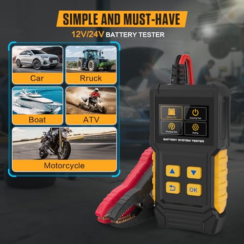 BT360 Car Battery Tester 12V 24V 30-2000 CCA Load Tester Starter Alternator Tester Automotive Charging Cranking System Tester for Motorcycle Car Truck SUV ATV Boat