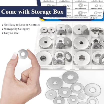 ZQZ 108Pcs Flat Washers, 304 Stainless Steel Fender Washers Assortment, 12 Different Sizes Wide Washer M3 M4 M5 M6 M8 M10 M12 Assorted Flatwashers Kit - size: 12 Sizes 108 Pieces
