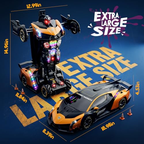 Holyton 1:10 Transforming RC Car, Large Remote Control Car | One-Button Transform to Robot, 2.4GHz Remote Control, Gesture Sensing, LED Lights, 80-Min Playtime, Gift for Kids Ages 5-12 - color: Frosted Gold