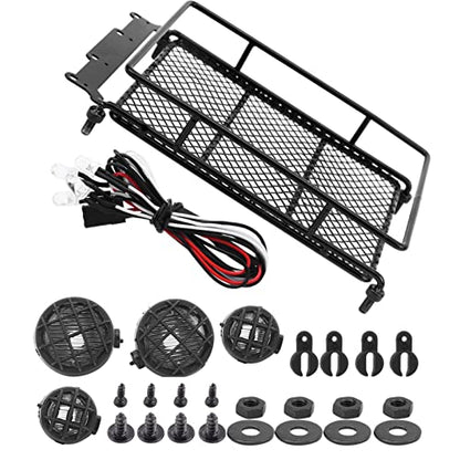 RC Crawler Roof Rack, Durable Metal Simulation Luggage Carrier with LED Light for Off-Road Adventure RC and Scale Hobbyists - color: Black