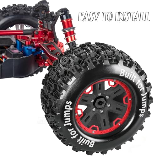 RC Wheels and Tires Set(4PCS) for 1/8 1/10 Monster Truck Tires,Traxx as/Arrm a 6S/Summi t/E Rveo/T-Maxx RC Off-Road etc,17mm Hex Tire and Wheels/Plastic Rims,Red and Black - color: Red and Black-(wheels Tires)