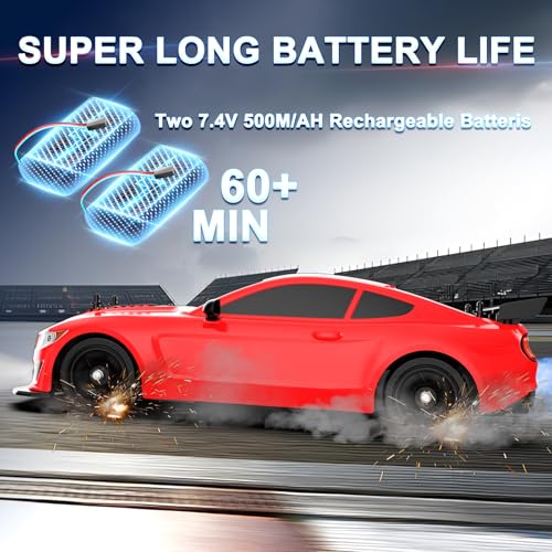 Remote Control Car RC Drift Car 1:16 Scale 4WD 18KM/H High Speed Model Vehicle 2.4GHz with LED Lights Spray Rubber Tire Racing Sport Toy for Adults Boys Girls Kids Gift 2Pcs Rechargeable Batteries - color: H-red