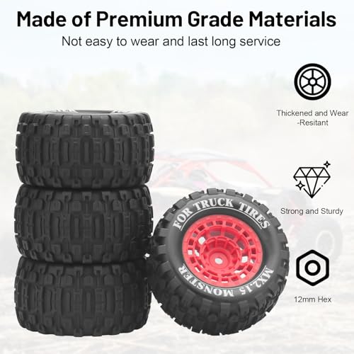 1/16 RC Car Tires and Wheels, daitoku 12mm Hex RC Truck Tires for MiniX Mini XRT 1/16 MJX 16207 16210 16209 16208 HSP 94186 Traxxas E-Revo LOSI 1/18 Mini LMT - Style B (Red) - color: Red