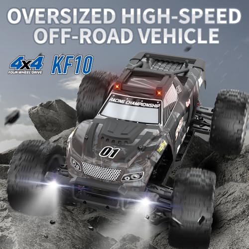 1/10 Remote Controlled Car for Adults, 50 km/h High Speed 4WD Offroad RC Truck, Waterproof RC Buggy All Terrain, 3 Batteries (Grey) - color: Kf10,3 Batties,gery