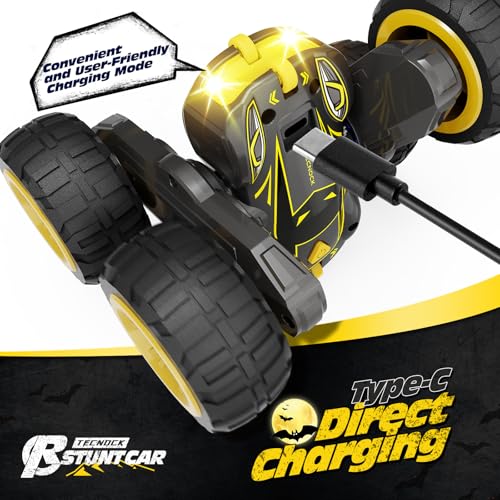Tecnock Remote Control Car for Kids, 2.4GHz RC Cars with USB-C Easy Charging, 4WD Double Sided 360° Rotates and Flips RC Stunt Car, Toys Gift for Boys and Girls Ages 6-8, 8-12 - color: Yellow