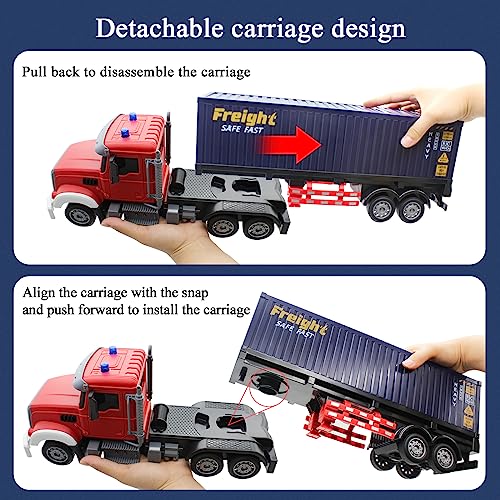 Mostop RC Semi Truck with Trailer - 22.5 Inch Remote Control Semi Truck Toy for Kids, 1:24 Scale Container Truck with 2 Batteries, Carrier Van Transport Vehicle with LED Light & Music,Great Gift