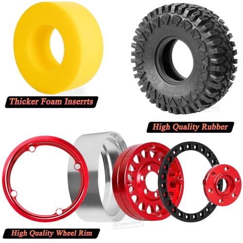RC 1.9in Beadlock Wheels and Tires for 1/10 TRX4,Axia1 SCX10 II 90046 SCX10 III,D90 RC Crawler Car,Alloy 1.9in rc Beadlock Rims,Soft Rubber 1.9in rc Beadlock Tires,4pcs,Red - color: Red(4pcs)