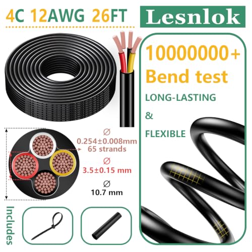 12 Gauge Wire 4 Conductor,12 AWG Electrical Wire Stranded PVC Cord Oxygen-Free Copper Cable 600V 12/4 Core Pure Copper Flexible Cable for LED Lamp Lighting Strips Automotive (12AWG-4C, 26FT) - size: 26FT, style: 12AWG-4C