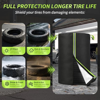 Tire Cover for Storage, 420D Oxford Waterproof Up to 33in Tire Bag with Reflective Handles, Fits 4 Tires Storage Bag with Zipper & Drawstring Lock for UV Protection, Dirt-Resistant