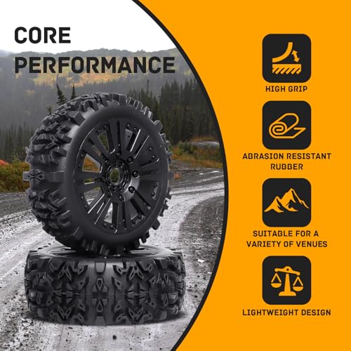 Pre-Glued RC Buggy Tires & Wheels Rims Set with Foam Inserts for 1/8 Arrma Typhon 6S 3S Blx Losi 8ight Tekno Kyosho Hobao Off-Road Car(4Pcs)