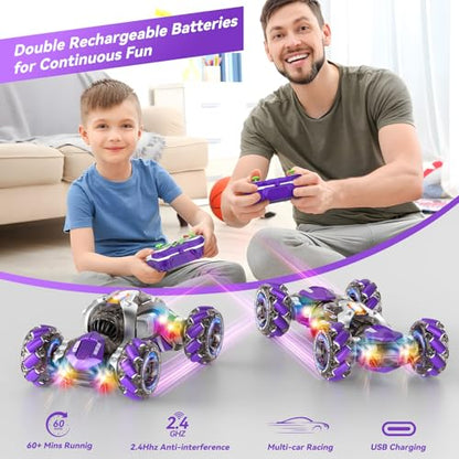 Nicella Gesture Sensing RC Stunt Car, Remote Control Cars Transformer Toys for Age 5-7 6-12 8 9 10 11 Yr Boys Girls Birthday Halloween, 2.4Ghz Hand Control 360° Rotating Toys Car - color: Purple/White