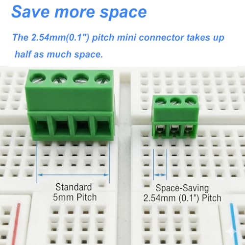 46Pcs 2.54mm 0.1" Pitch Mini PCB Mount Screw Terminal Block Connector 2P 3P 4P 5P 6P 8P Terminals 150V 6A Compatible 26-18AWG Cable for Arduino and Home Electronics Projects