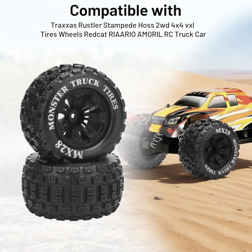 12mm Hex RC Wheels and Tires, daitoku MX28 RC Truck Tires for Traxxas Rustler Stampede Hoss 2wd 4x4 vxl Redcat RIAARIO AMORIL - Style B (Black) Not Glued