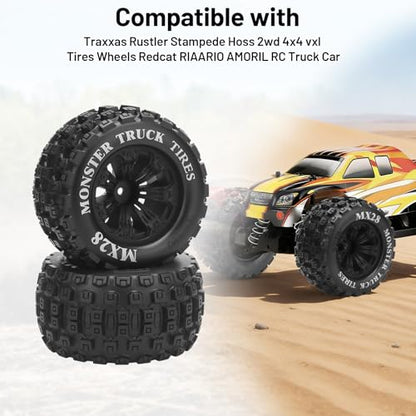 12mm Hex RC Wheels and Tires, daitoku MX28 RC Truck Tires for Traxxas Rustler Stampede Hoss 2wd 4x4 vxl Redcat RIAARIO AMORIL - Style B (Black) Not Glued