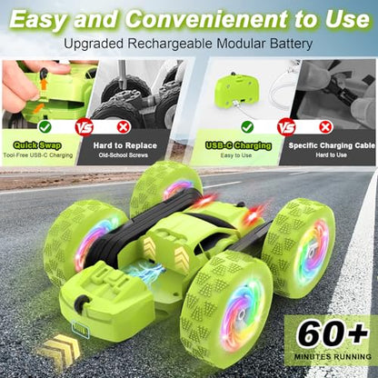 Remote Control Car, Stunt RC Cars, 2.4GHz Double Sided 360° Flips RC Crawler, Outdoor Toys for Kids Ages 4-8, Upgraded USB-C Modular Battery, 5 6 7 8 9 10 +Year Old Boys Birthday Gifts Green - color: 1-green