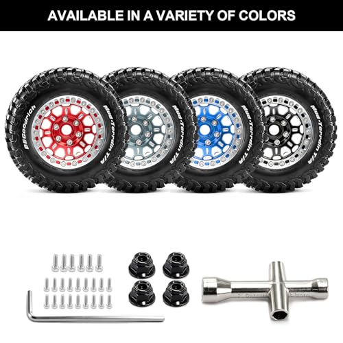 1.9" Beadlock Wheels and Tires (90mm/3.54in) for MJX Hyper Go H12Y, MN128, 1/12 RC Crawler, CNC Aluminum Wheels, Soft Rubber Tires with Foam Inserts, Installation Tool Included (Black) - color: Black