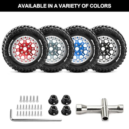 1.9" Beadlock Wheels and Tires 90mm for MJX Hyper Go H12Y, MN128 | CNC Aluminum Wheels, Soft Rubber Tires with Foam Inserts, Installation Tool Included, Blue - color: Blue