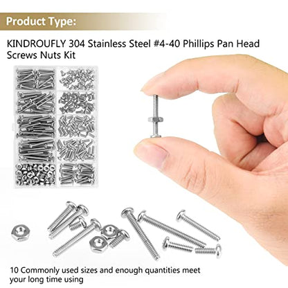 242 Pieces #4-40x 3/16", 1/4", 5/16", 3/8", 1/2", 5/8", 3/4", 7/8", 1", Phillips Pan Head Machine Screws Nuts Assortment Kit, 304 Stainless Steel, Fully Machine Thread - size: #4-40