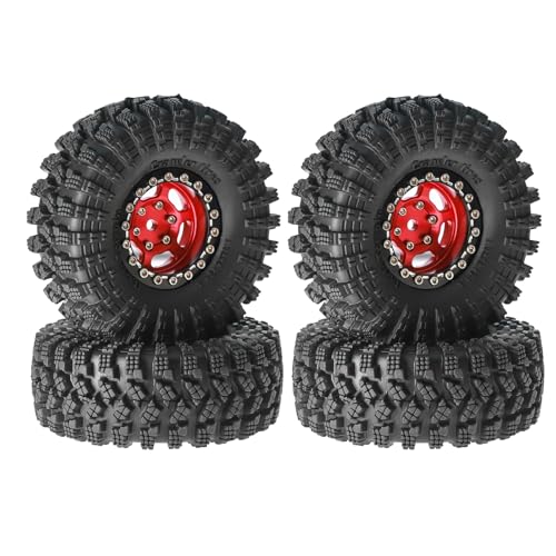 1.3” Aluminum Beadlock Wheels & All-Terrain Trail Tires Set, -8.0mm Offset, 66×26mm, 7mm Hex, Foam Inserts, Fits 1/18 1/24 TRX4M SCX24 AX24 FCX24 Ascent-18, Pre-Assembled 4 pcs (Red) - color: Red