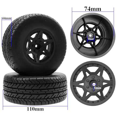 Not-Glued 4-Pack RC Short Course Truck Wheels & Tires w/Foam Inserts OD110mm Compatible with Losi Tenacity Traxxas Arrma HPI Redcat Blackout 1/10 RC Short Course,6-Spoke