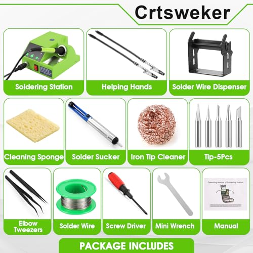 Soldering Station, 100W Digital Display Soldering Iron Station Kit with 2 Helping Hands, 356°F - 896°F, Auto Sleep, °C/°F Conversion, Solder Wire, Tips, Stand, Pump, Tweezers, Tip Cleaner, Green