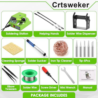 Soldering Station, 100W Digital Display Soldering Iron Station Kit with 2 Helping Hands, 356°F - 896°F, Auto Sleep, °C/°F Conversion, Solder Wire, Tips, Stand, Pump, Tweezers, Tip Cleaner, Green