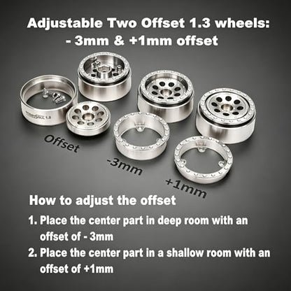 Stainless Steel 1.3 Beadlock Wheels 64g/Rim Fits TRX4M SCX24 | 4-Pack, adjustable offset 304 stainless steel silver rims & 7mm hex hub, upgrade parts for 1/18 & 1/24 micro RC crawler - color: Silver