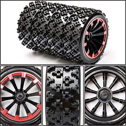 4PCS Tires and Wheels Sets for Various Remote-Controlled Cars - 1/10 1/14 Scale RC Crawler Car Upgrades - Black Red Rubber Beadlock Wheels & Rims with 12mm Hex - Enhanced Grip for Off-Road - color: Black & Red