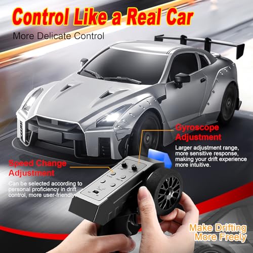 MN-268 RC Drift Car, 1:16 Scale High Speed 20 KPH Racing Drift Car with Gyro, LED Lights and Drift Tires, 2.4G Hobby RC Cars Gift for Adults and Teens (Silver) - color: Silver, size: 2 Batteries