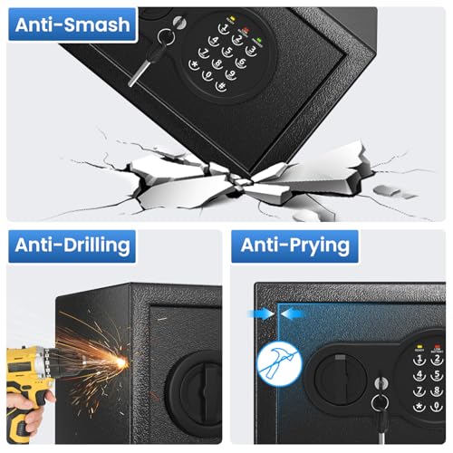 0.5 Cu Ft Mini Safe Box with Fireproof Document Bag, Money Safe with Keys & Pass Code & Wall Mount Kits, Small Safes with Smart Alert System for Money, Jewelry, and Documents【2026 New】 - size: 0.5 Cubic Feet