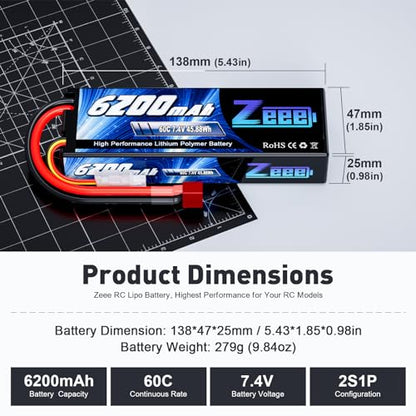 Zeee 2S Lipo Battery 6200mAh 7.4V 60C with T Connector (2 Pack) | Hard Case Battery for RC Vehicles Car Truck Truggy Boat Racing Hobby