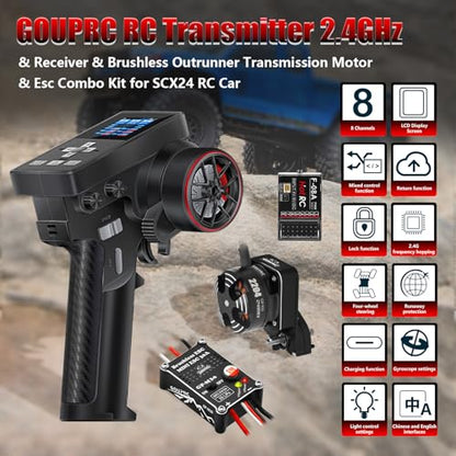 GOUPRC Racing RC Transmitter 8 Channels 2.4GHz and Receiver with 2204 2400KV Brushless Outrunner Transmission Motor & 30A Brushless Esc for SCX24 RC Crawler Axial 1/24 RC Car Crawler Black - color: Black
