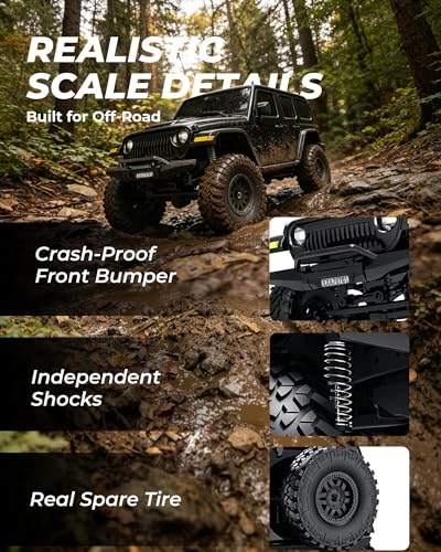 ARRIS RCX24 1/24 RC Rock Crawler 4WD Jeep Truck RTR | Two Batteries, LED Lights, Full Proportional Control, Mini Trail Adventure - color: Black