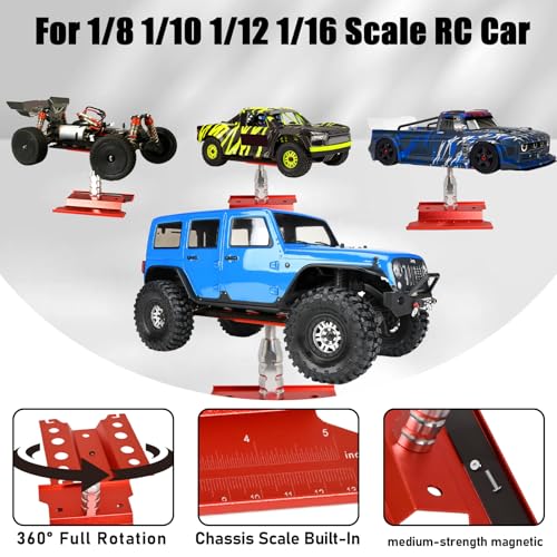 RC Car Work Stand Adjustable Height Lift Lower 360° Rotation Aluminum RC Repair Stand & Small Screw Tray Fit for 1/8 1/10 1/12 1/14 For Traxxa Axial Arrma Redcat RC Crawler Monster Truck Buggy（Red） - color: Red