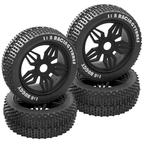 ShareGoo OD 4.52" 1/8 RC Buggy Rubber Tires Tyre w/ 5 Spoke Plastic Rim 17mm Hex Compatible with Arrma Kyosho Exceed RC Traxxas Redcat HSP HPI 1/8 Scale Off Road Car Buggy (Black) - color: Black