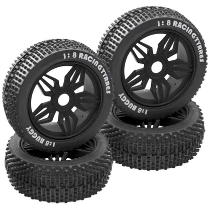 ShareGoo OD 4.52" 1/8 RC Buggy Rubber Tires Tyre w/ 5 Spoke Plastic Rim 17mm Hex Compatible with Arrma Kyosho Exceed RC Traxxas Redcat HSP HPI 1/8 Scale Off Road Car Buggy (Black) - color: Black
