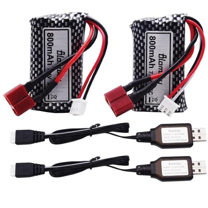 Blomiky 2 Pack 7.4V 800mAh 2S Li-ion 15C Battery with T Plug and USB Cable Compatible with BEZGAR 5 HM162 HM161 and 9145 1:20 Remote Control Truck RC Cars HBX X03 RC Boat / 9135 Pro Battery T 2