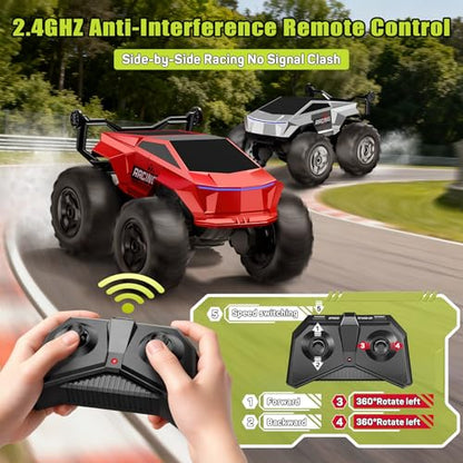 Remote Control Car RC Truck 1:16 Plus, 4WD Waterproof Amphibious RC Car All Terrain Pickup,2.4GHz Remote Monster Truck with 360° Rotating Standing Stunt Toy Car for Kids Boy Girl 4-7 8-12 Ages,Red - color: Red