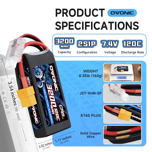 OVONIC 2S Lipo Battery 7.4V 3200mAh 120C with XT60 to EC3 Connector for RC Car Truck Vehicles Boat Drone Airplane Quadcopter Helicopter FPV Racing Hobby Models Pro Truck Boat Jet Basher 2 Batteries