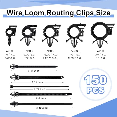 Funnymoom 150 Pcs Car Wire Loom Clips Push Mount Routing Clips, 10 Sizes | 10 Sizes, Car Harness Clips, Wiring Harness Replacement Parts, Universal Automotive Clips for Cable Management and Repair